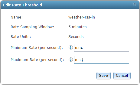 Edit Rate Threshold window, where minimum and maximum rate thresholds for GeoEvent Services, inputs, and outputs can be set Edit Rate Threshold window, where minimum and maximum rate thresholds for GeoEvent Services, inputs, and outputs can be set