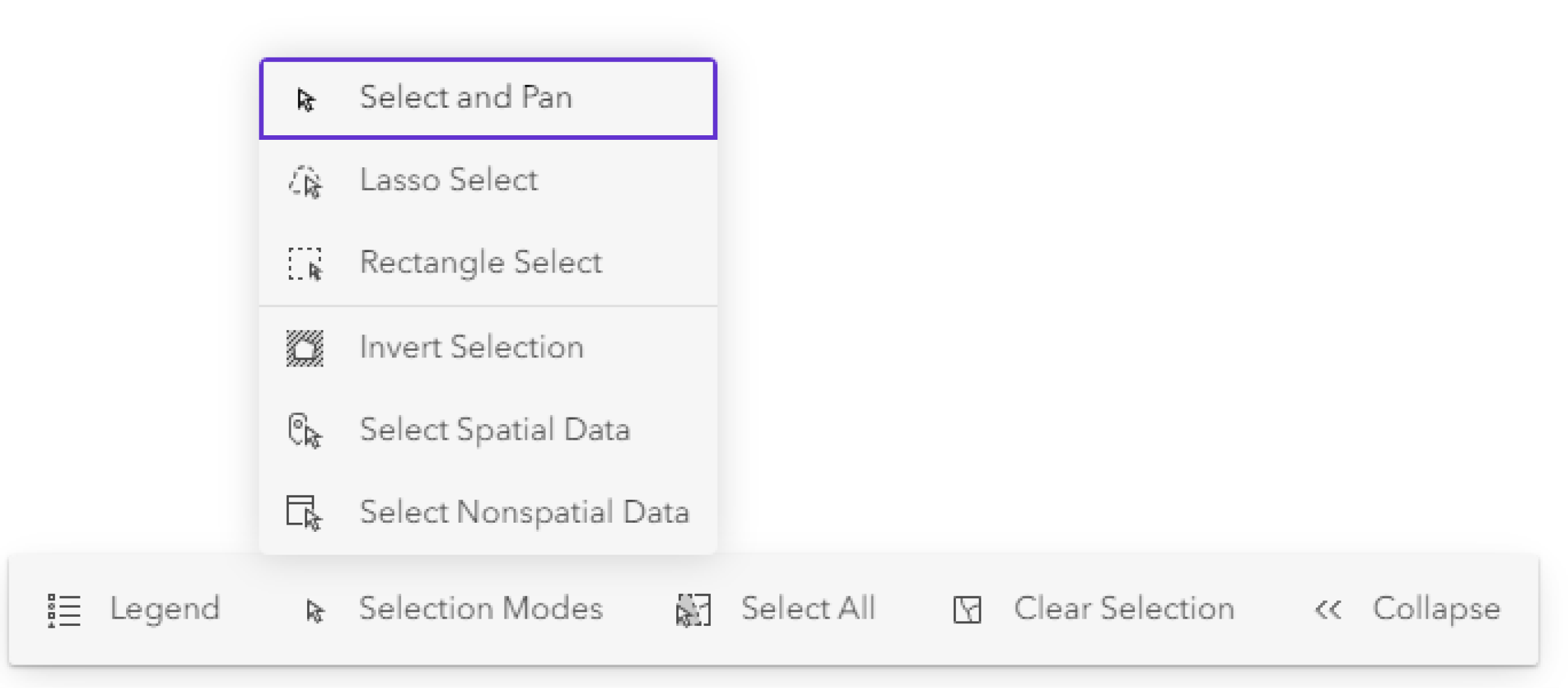 The canvas toolbar contains the legend and selection tool options. The canvas toolbar contains the legend and selection tool options.